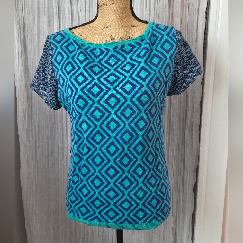 LOFT Blue and Teal Geometric Short Sleeve Sweater